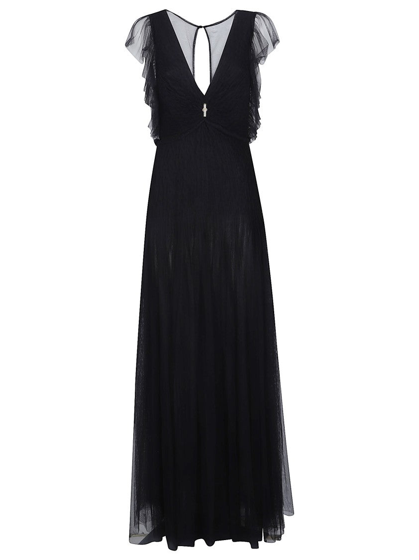 Elisabetta Franchi Black Maxi Ruffled Cap Dress