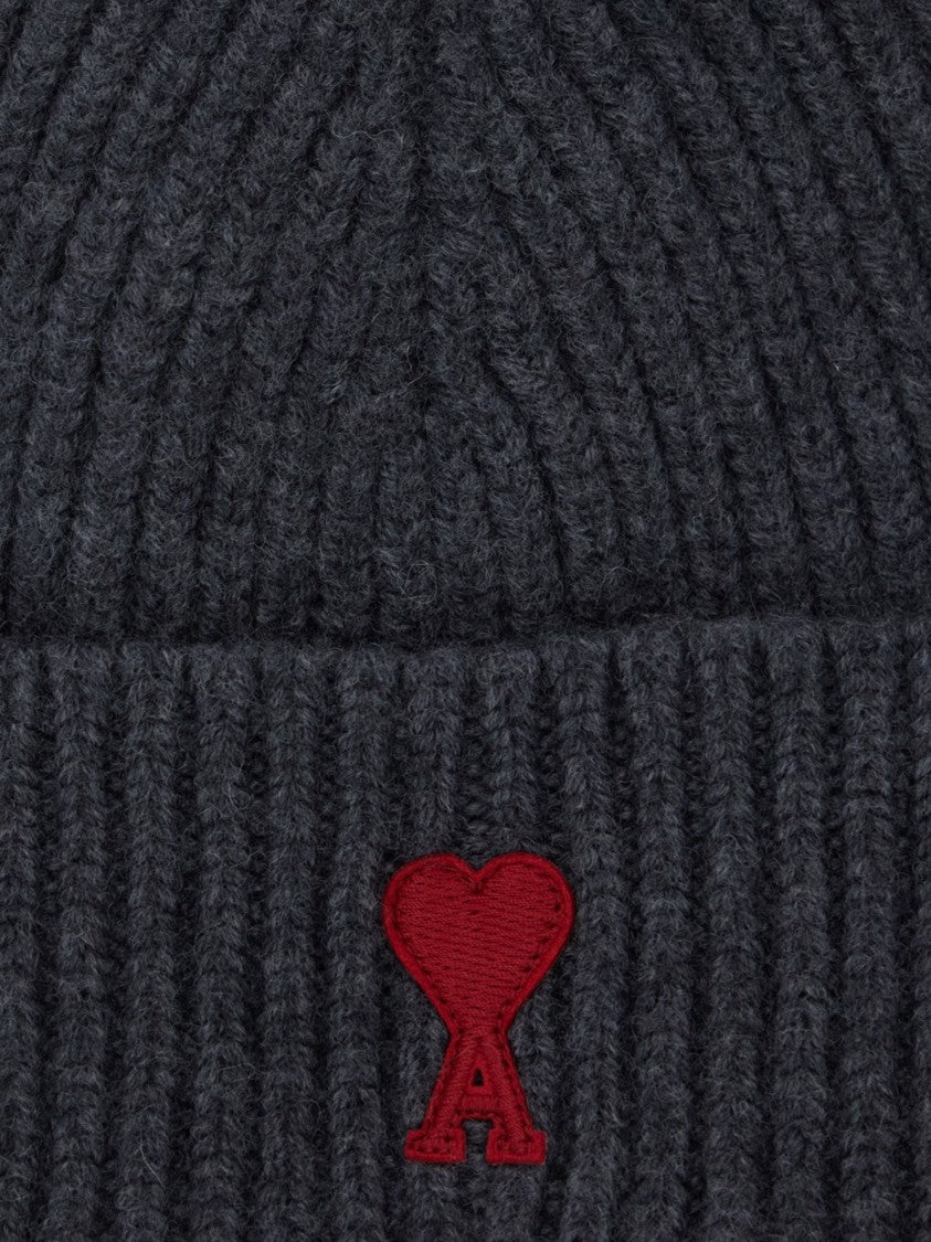 Ami Paris Beige Ami De Coeur Ribbed Wool Beanie