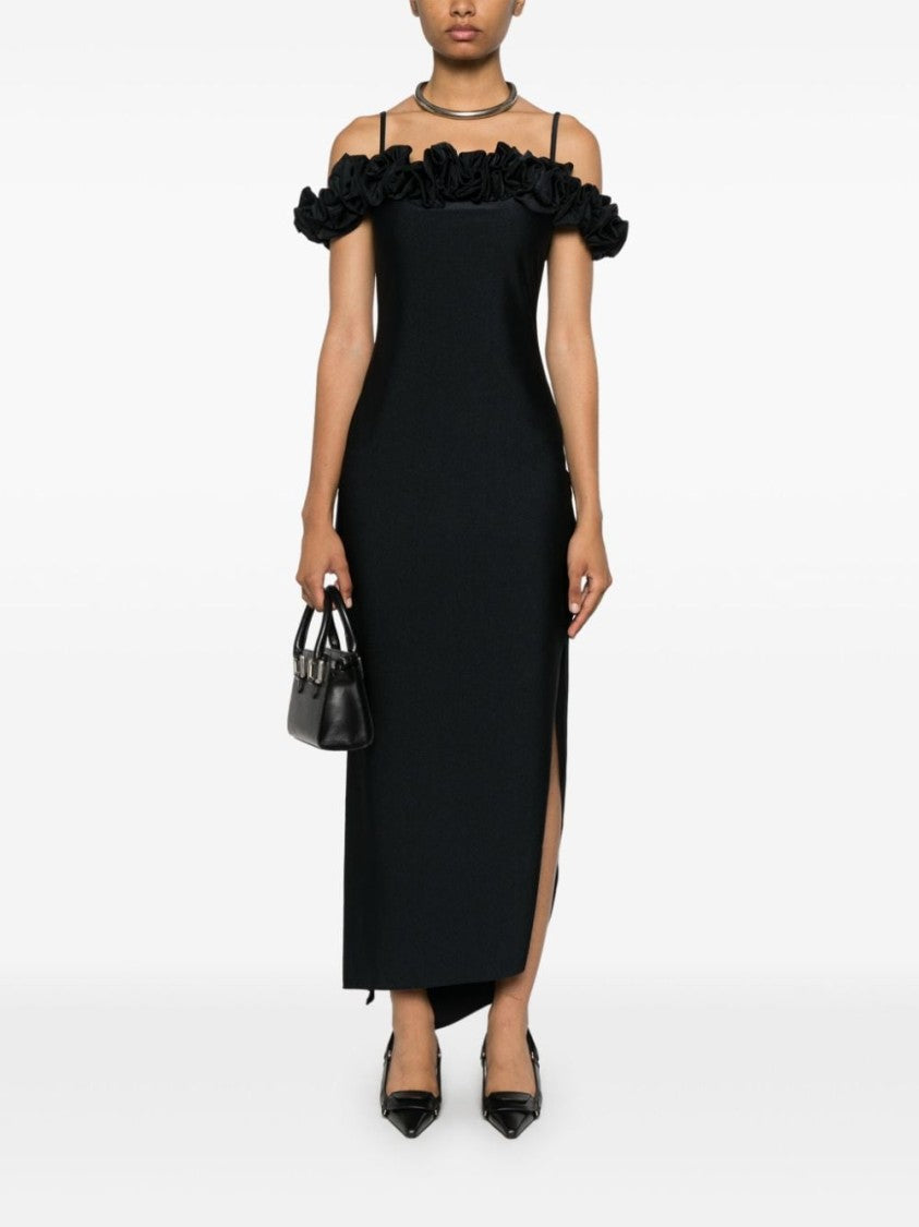 Coperni Black Asymmetric Ruffled Satin Slip Dress