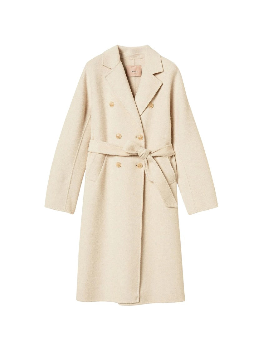 Twin-Set Brushed Ivory Long Coat With Double-Breasted Fastening