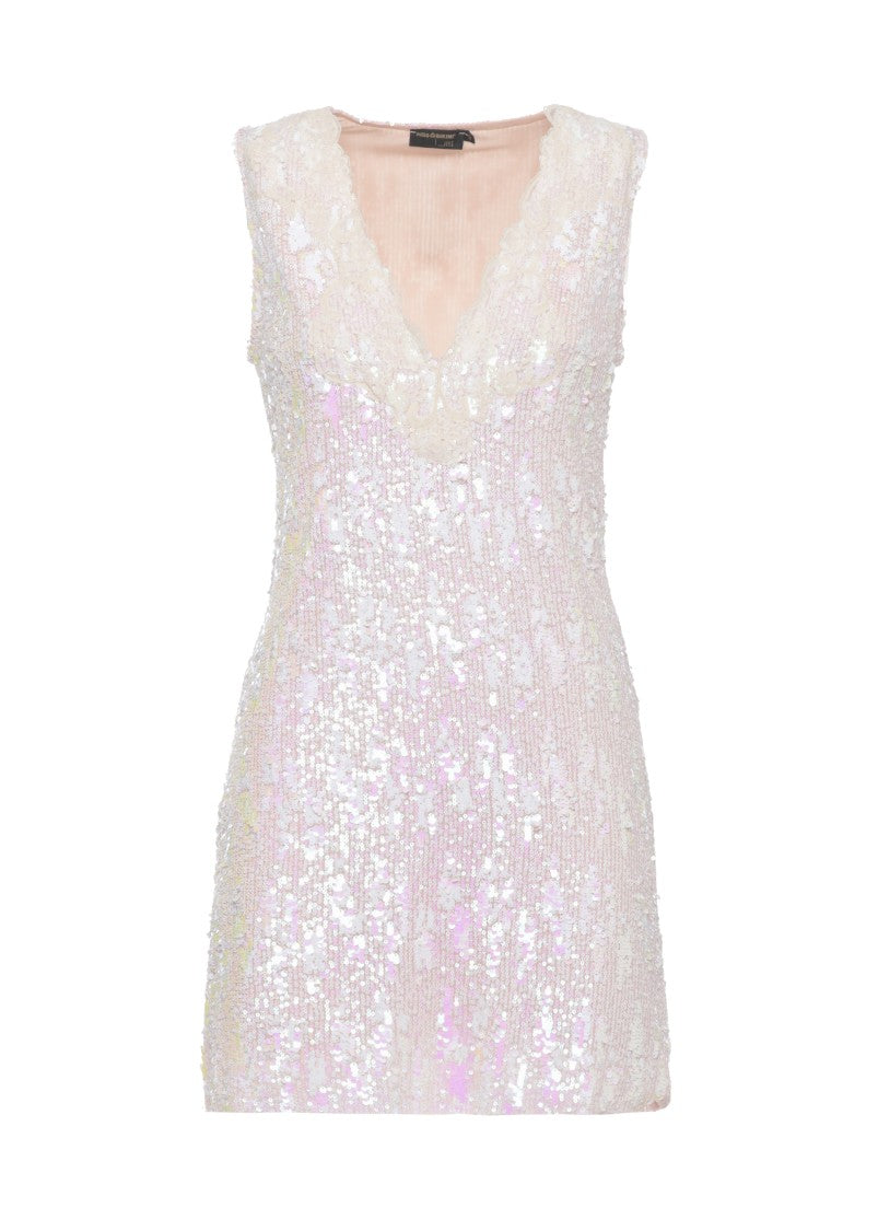Miss Bikini Glamorous Pink Sequin-Embellished Mini Dress With Lace Trim