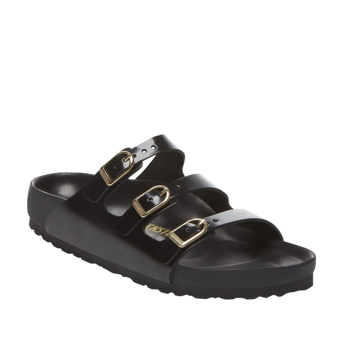 Birkenstock Florida Sandal In Black Brushed Leather And Gold Buckles