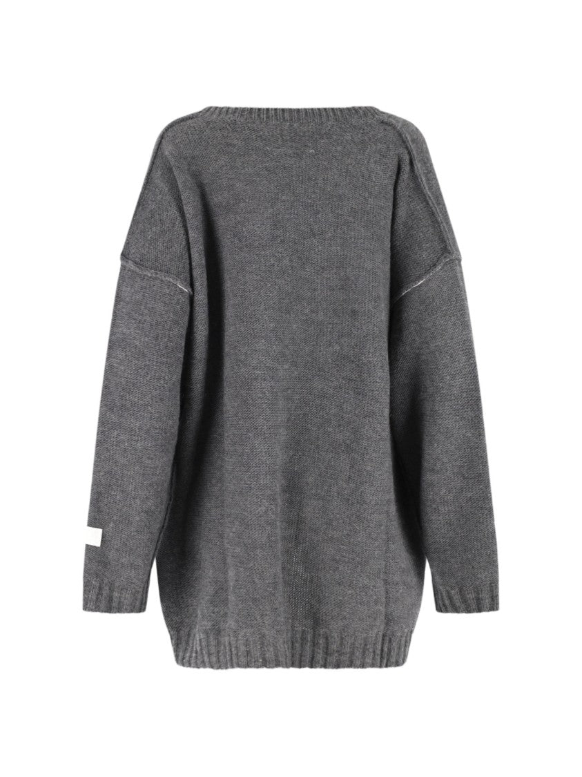 Mm6 By Maison Margiela V-Neck Grey Wool Sweater With Ribbed Finishes