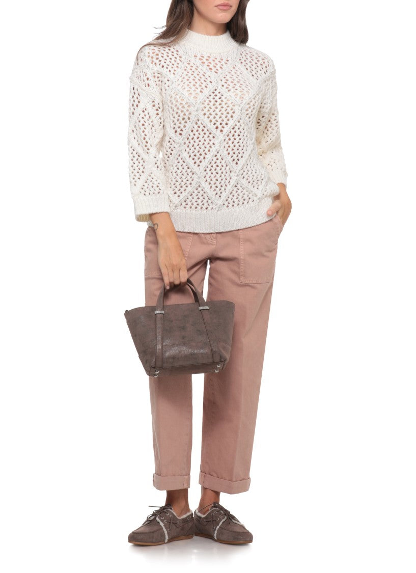 Peserico Perforated White Sweater With Beaded Details And Ribbed Finishing