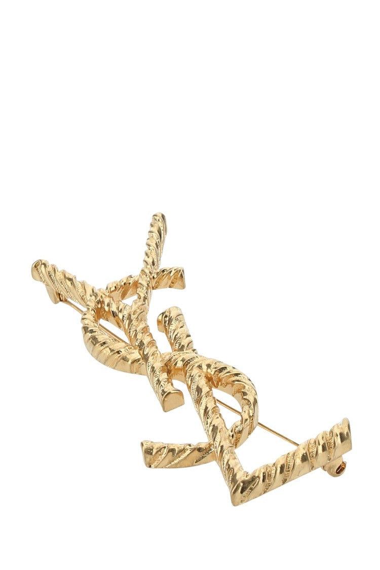Saint Laurent Textured Gold Brass Brooch With Interlocking Letter Design