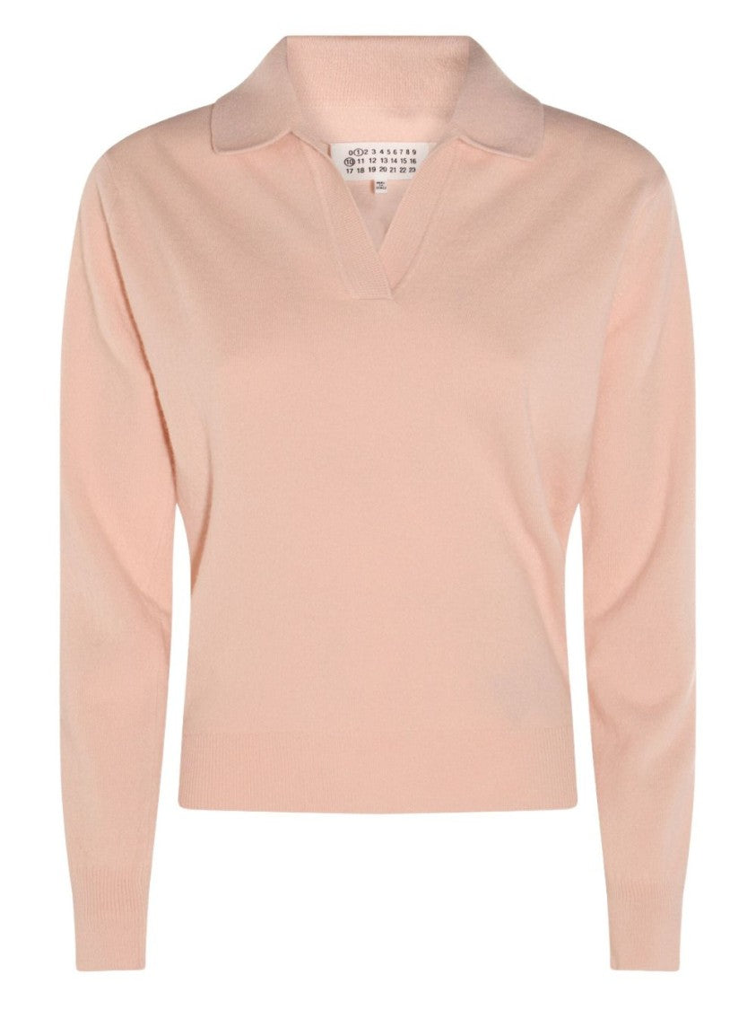 Maison Margiela Light Pink Wool Polo Shirt With Open Collar And Ribbed Edges