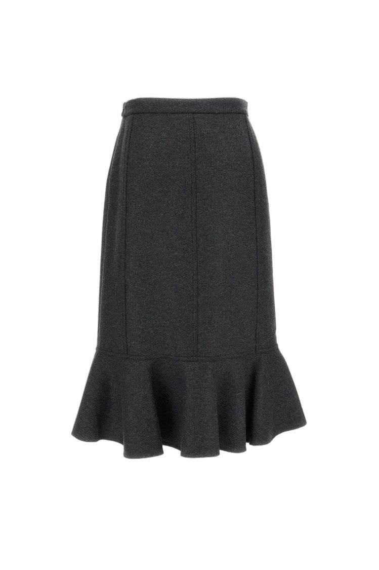Plan C Grey Double Wool Ruffled Midi Skirt