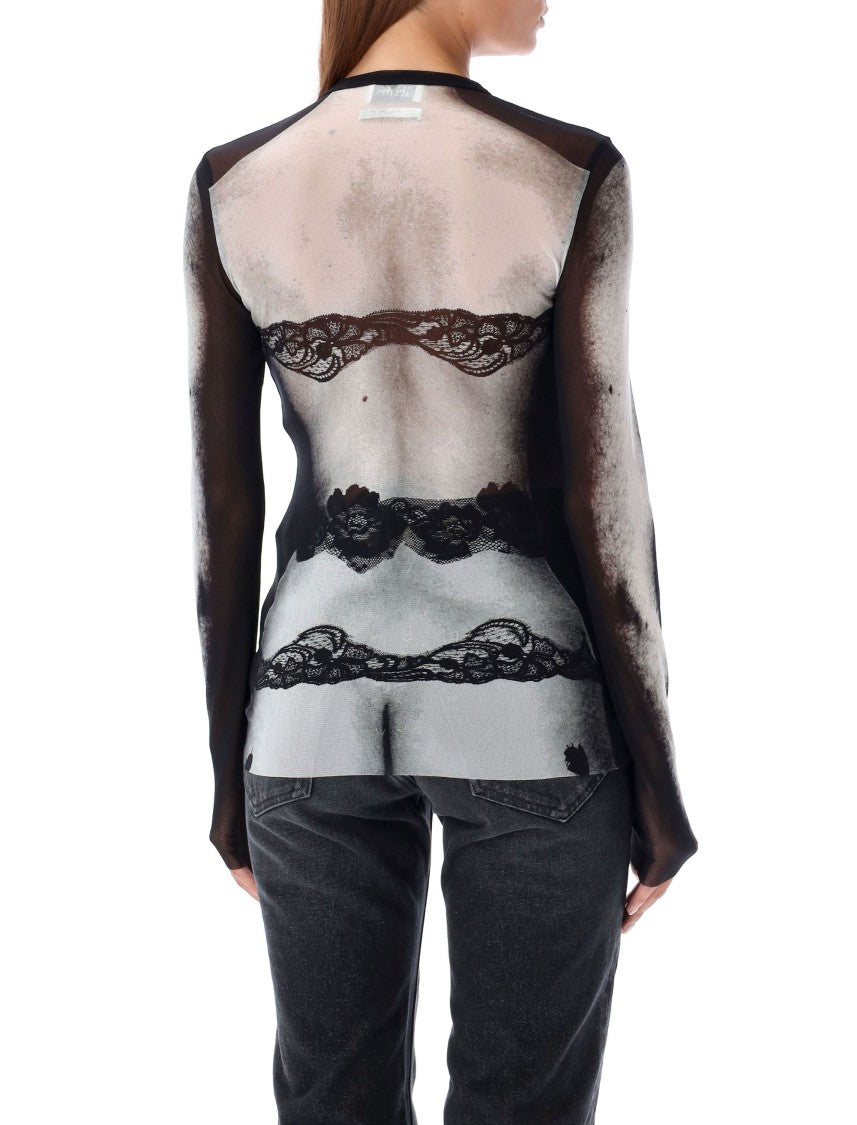 Jean Paul Gaultier Trompe-L'œil Mesh Top With Lace Detailing