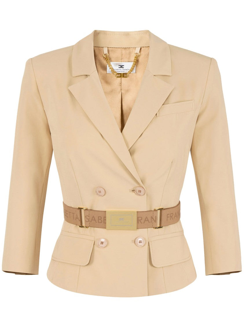 Elisabetta Franchi Double-Breasted Tailored Belted Neutral Jacket