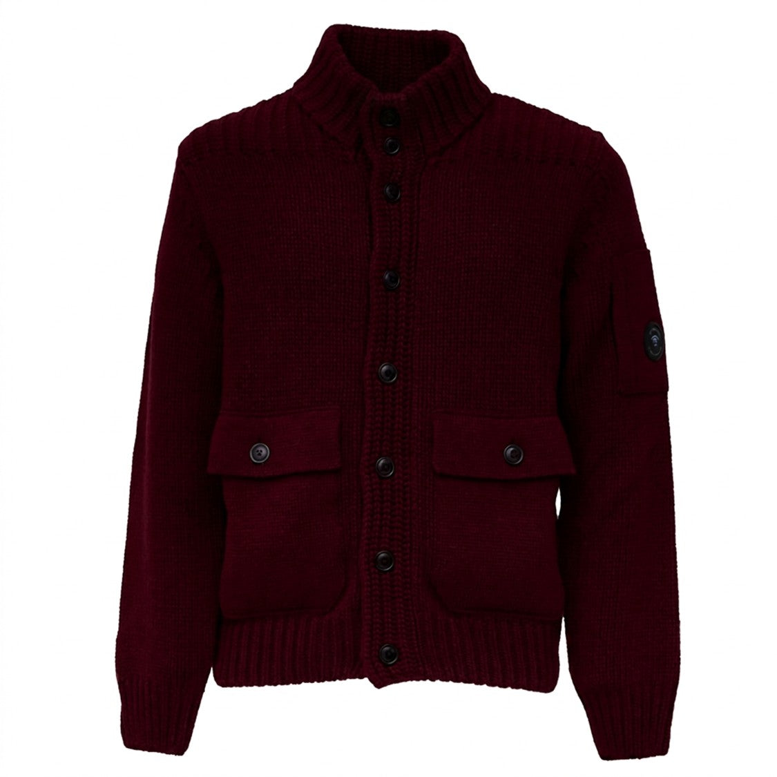 C.P. Company Burgundy Lambswool Button Lens Sweater With Contrast Stitching