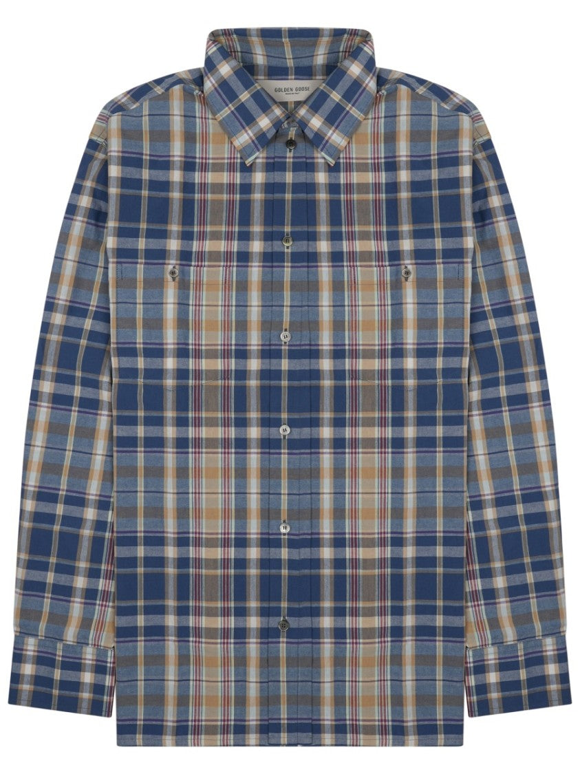 Golden Goose Blue Plaid Pattern Button-Up Cotton Shirt