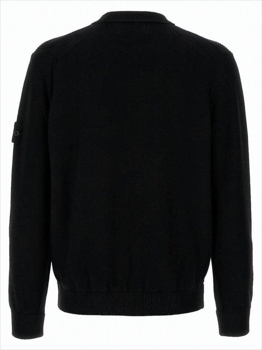 Stone Island Black Crew Neck Sweater With Textured Knit And Patch Detail