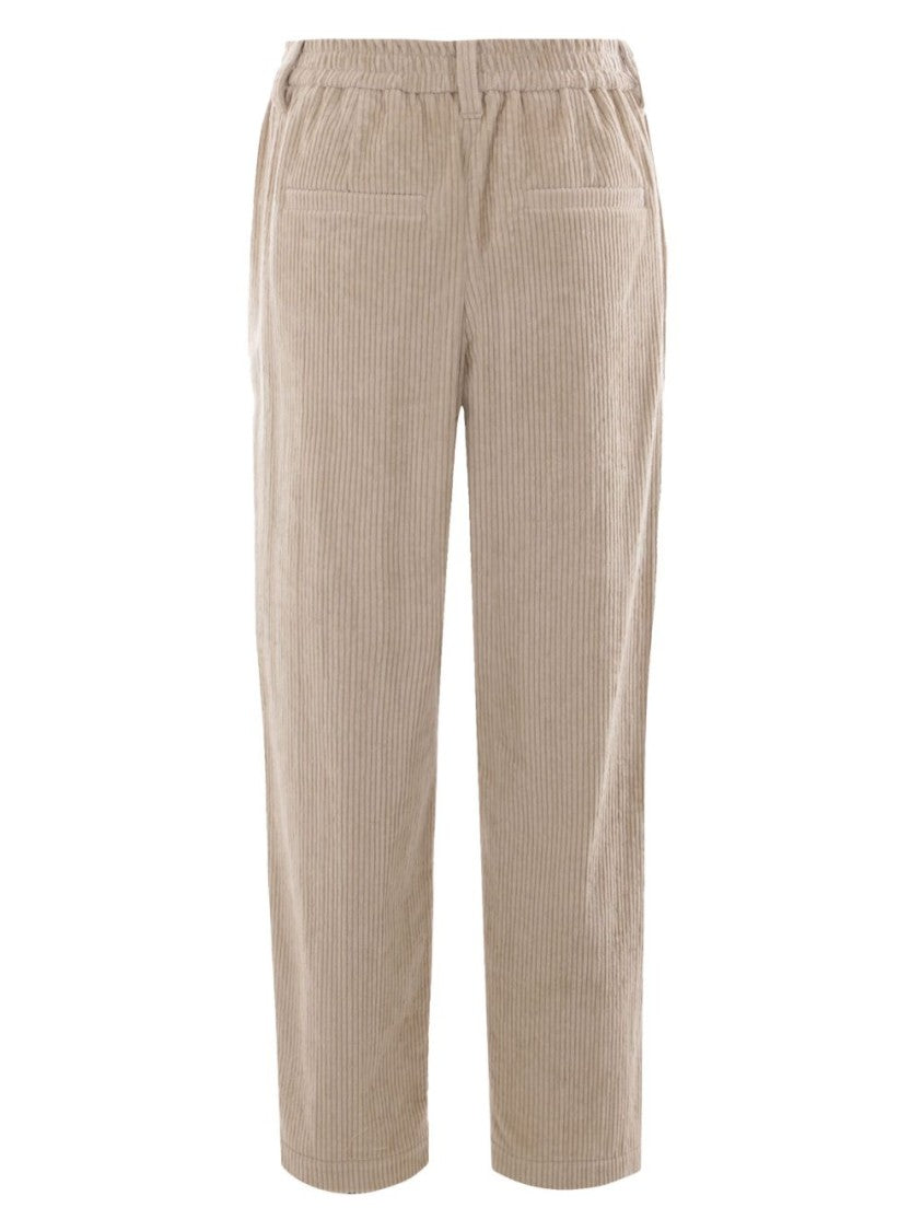 Brunello Cucinelli Relaxed Fit Beige Corduroy Trousers With Elastic Waistband