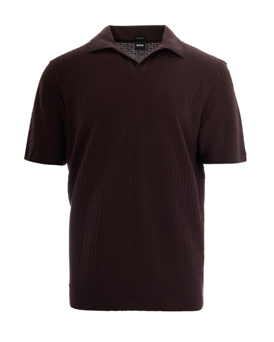 Boss Geometric Jacquard Polo With Johnny Collar In Dark Brown