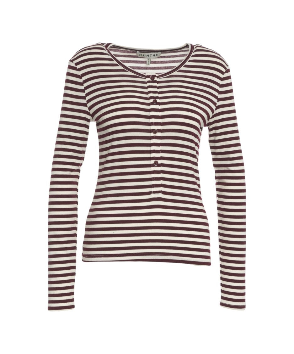 Munthe Long-Sleeve Knit Top With Half-Button Placket And Horizontal Stripes
