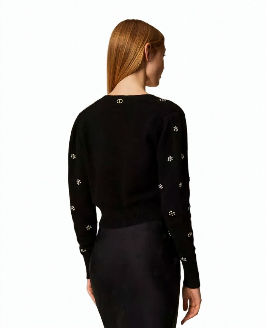 Twin-Set Angora-Blend Floral Rivet V-Neck Cardigan