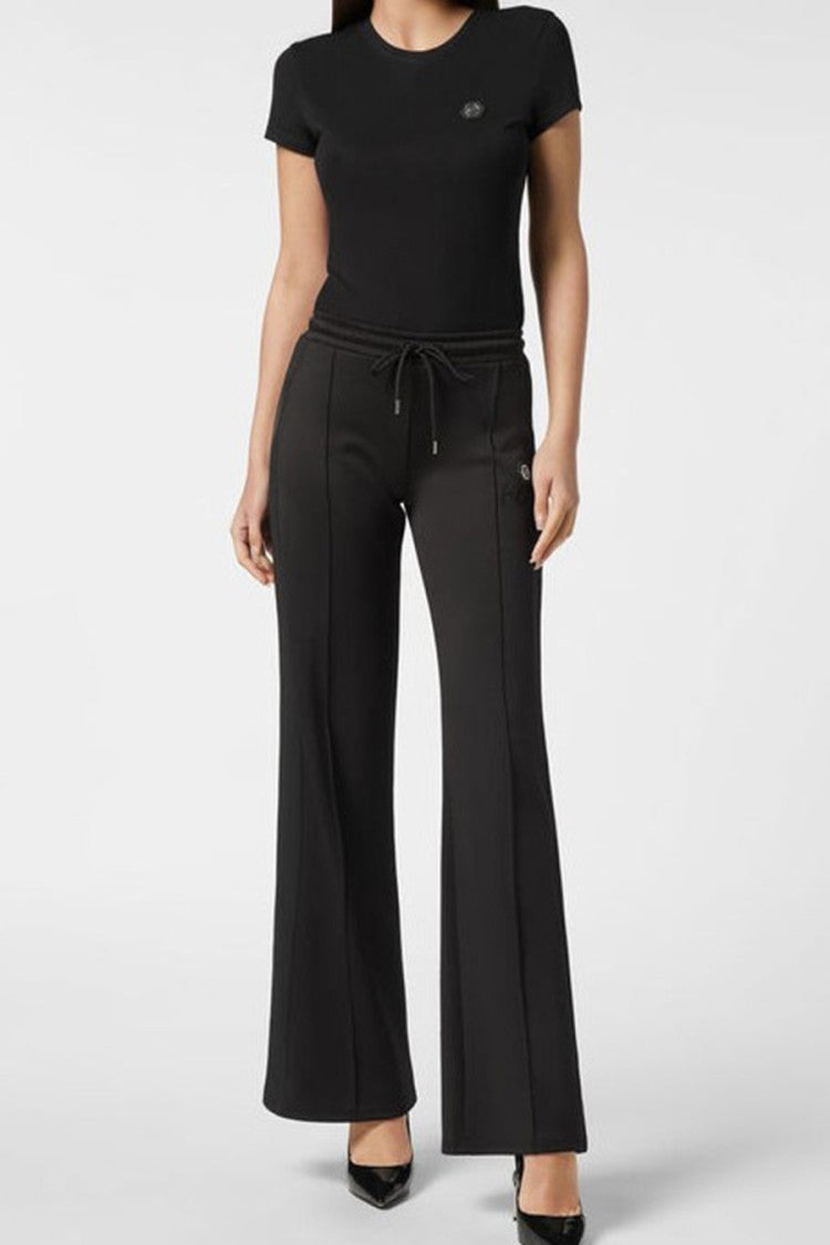 Philipp Plein Black Viscose-Polyester Flared Track Trousers