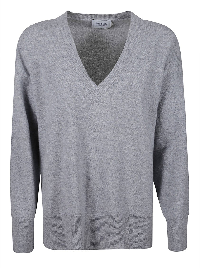 Be You Light Grey V-Neck Knit Sweater With Ribbed Detailing