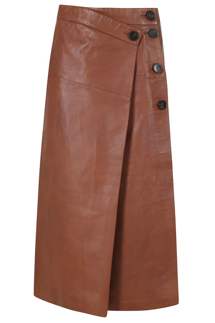 Iro Mahogany Leather Circle Skirt With Topstitching And Button Closure