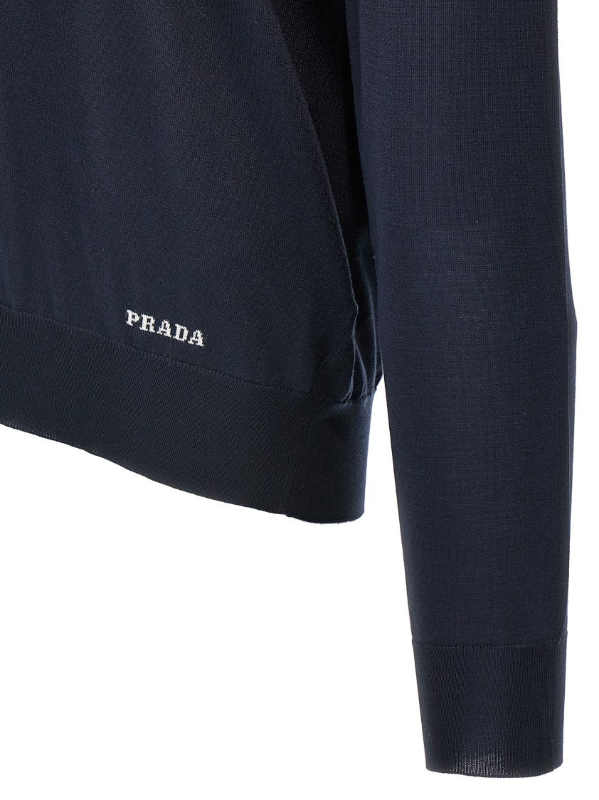 Prada Silk Sweater With Contrast Logo Embroidery And Fitted Cuffs