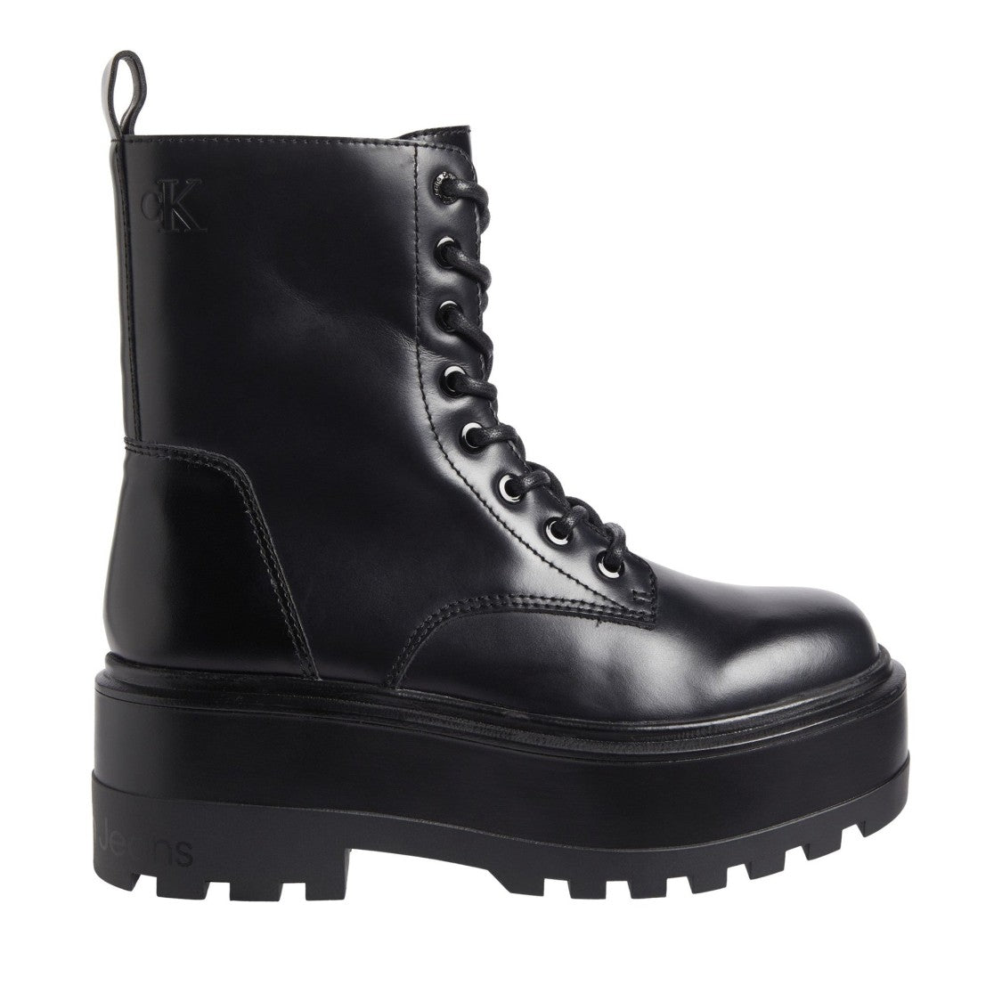 Calvin Klein Jeans Black Flatform Lace-Up Chunky Sole Leather Ankle Boots