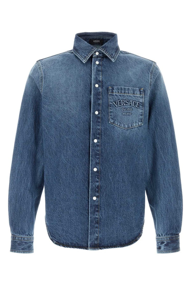 Versace Textured Blue Denim Shirt With Classic Detailing