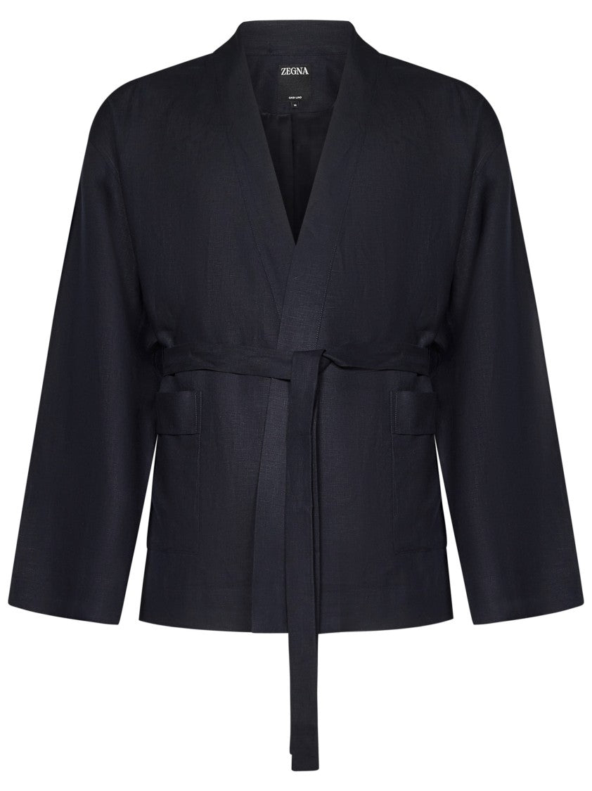 Zegna Short Blue Linen Dressing Gown