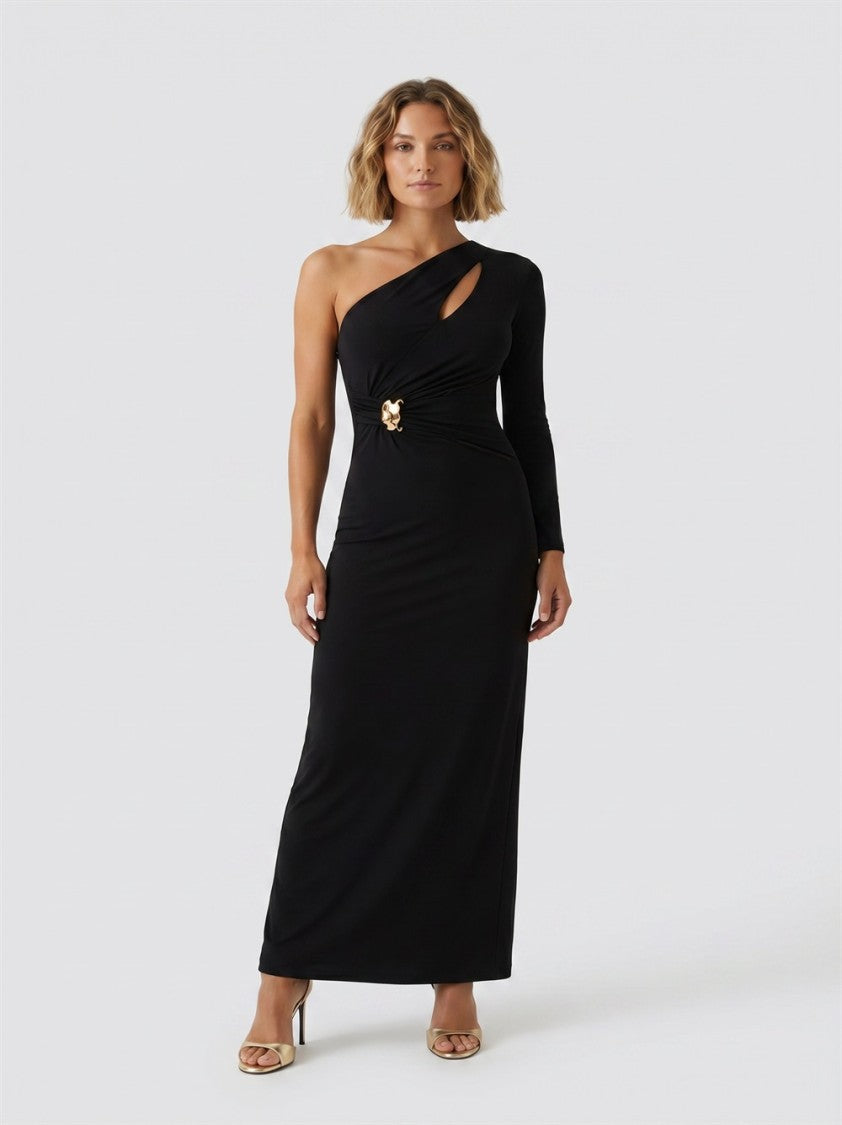 Elisabetta Franchi Black Red Carpet One-Shoulder Cut-Out Viscose Evening Dress