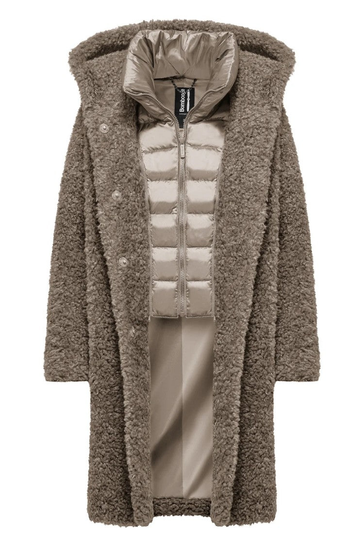 Bomboogie Hooded Calf-Length Coat In Plush Faux Lambskin Fur