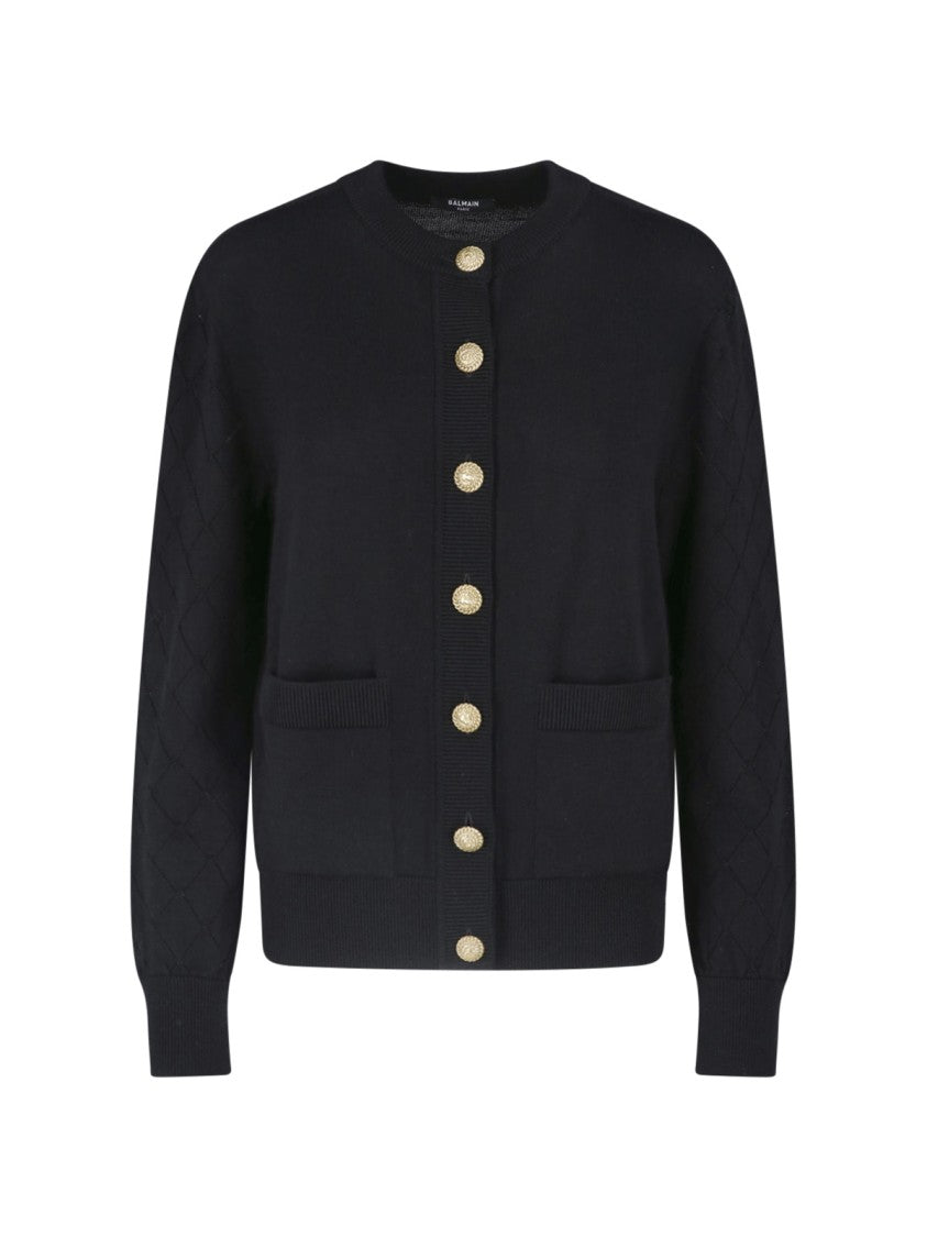 Balmain Black Crewneck Gold Button Virgin Wool Cardigan