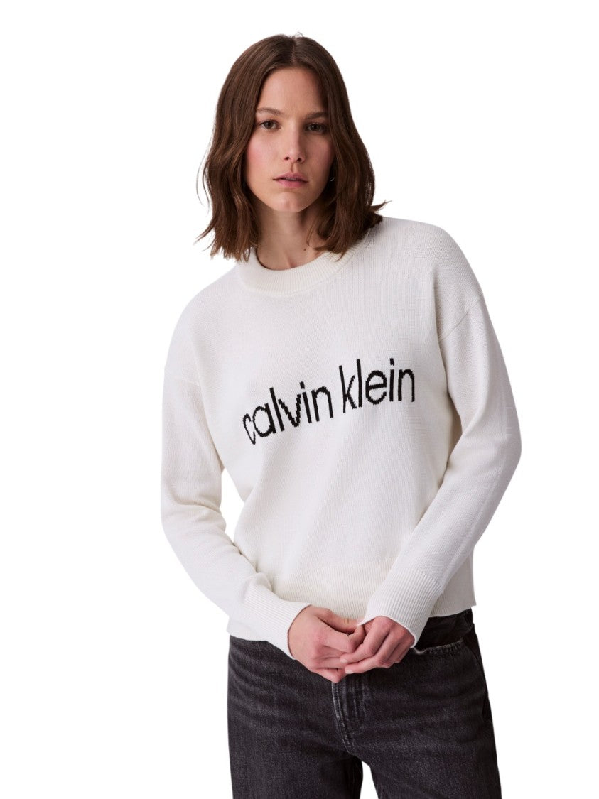 Calvin Klein Cream Relaxed-Fit Sweater With Graphic Logo