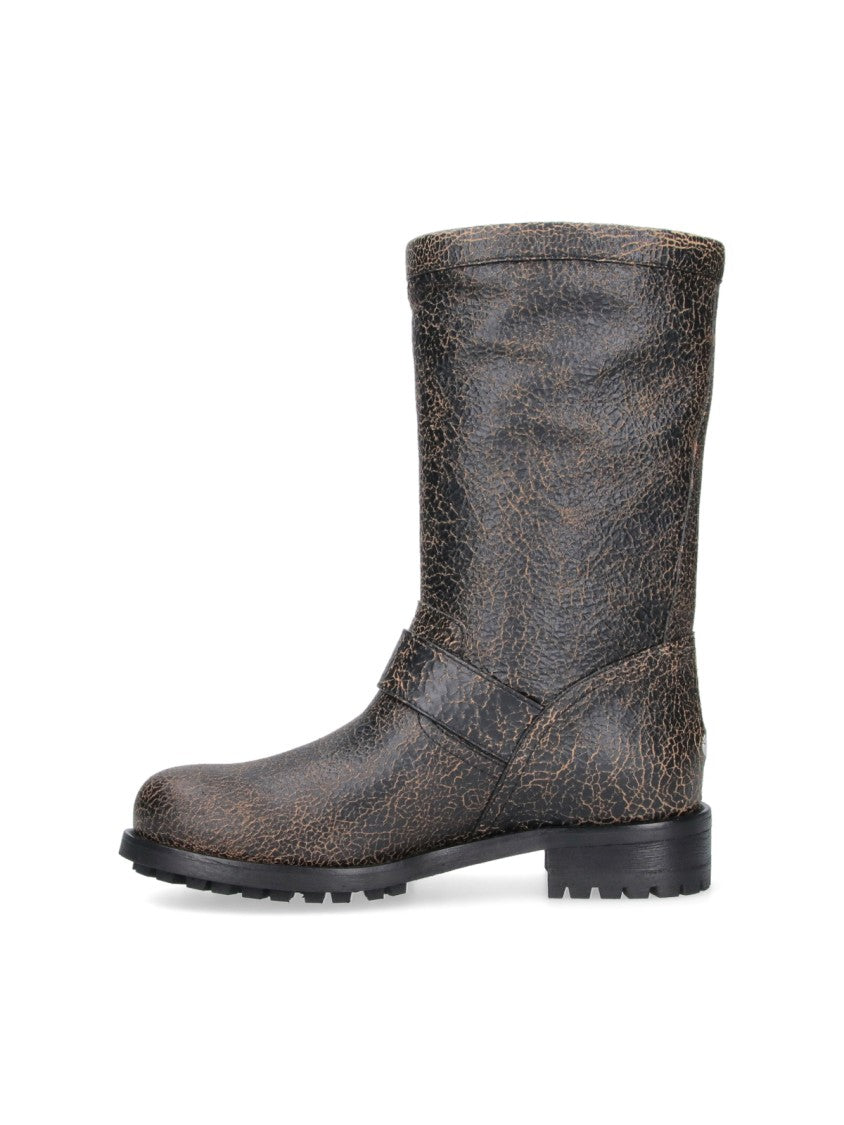 Jimmy Choo Distressed Leather Mid-Calf Boots With Silver-Tone Buckles