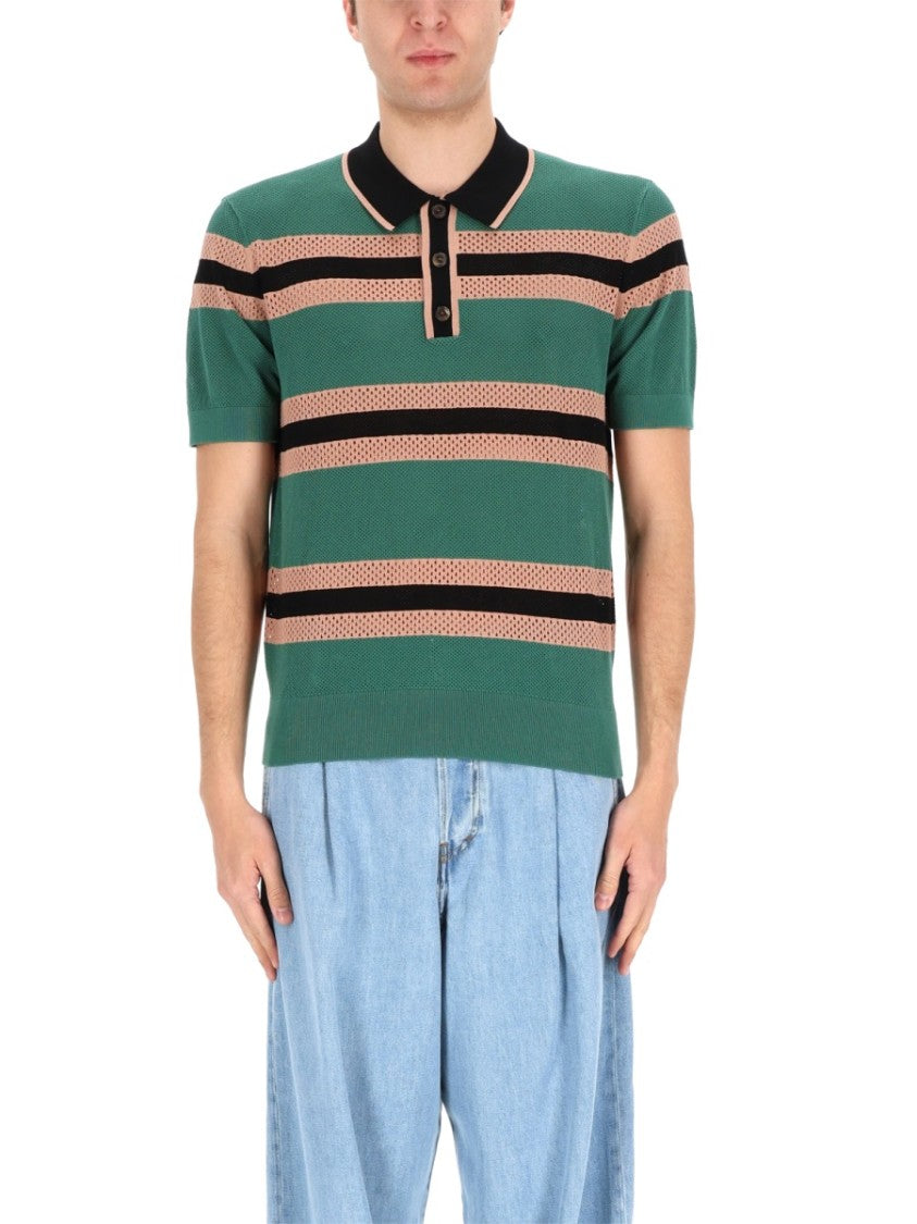 Dries Van Noten Perforated Knit Horizontal Stripes Polo Shirt