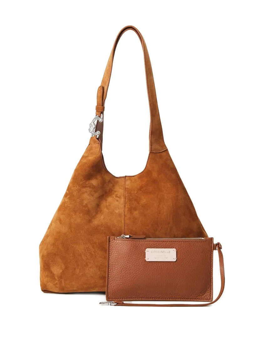 Coccinelle Spacious Brown Suede Shoulder Bag With Minimalist Design