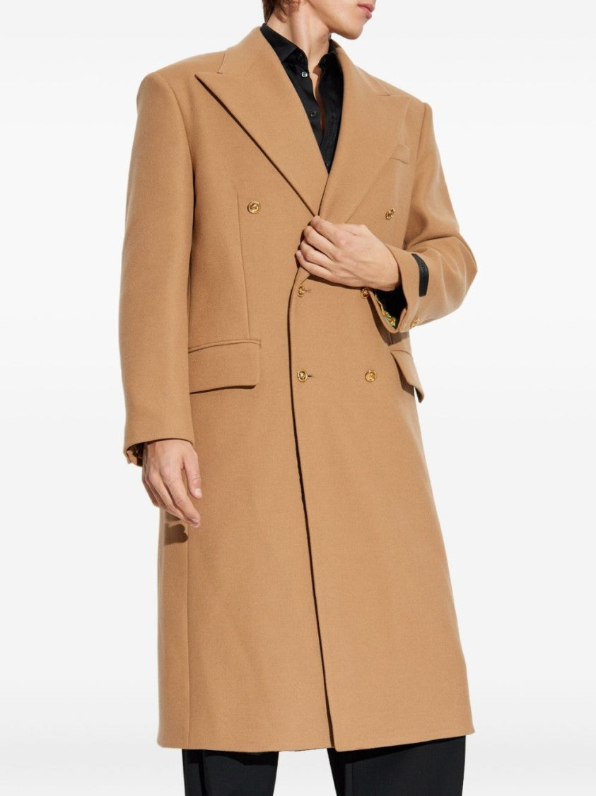 Versace Double-Breasted Beige Wool Blend Coat
