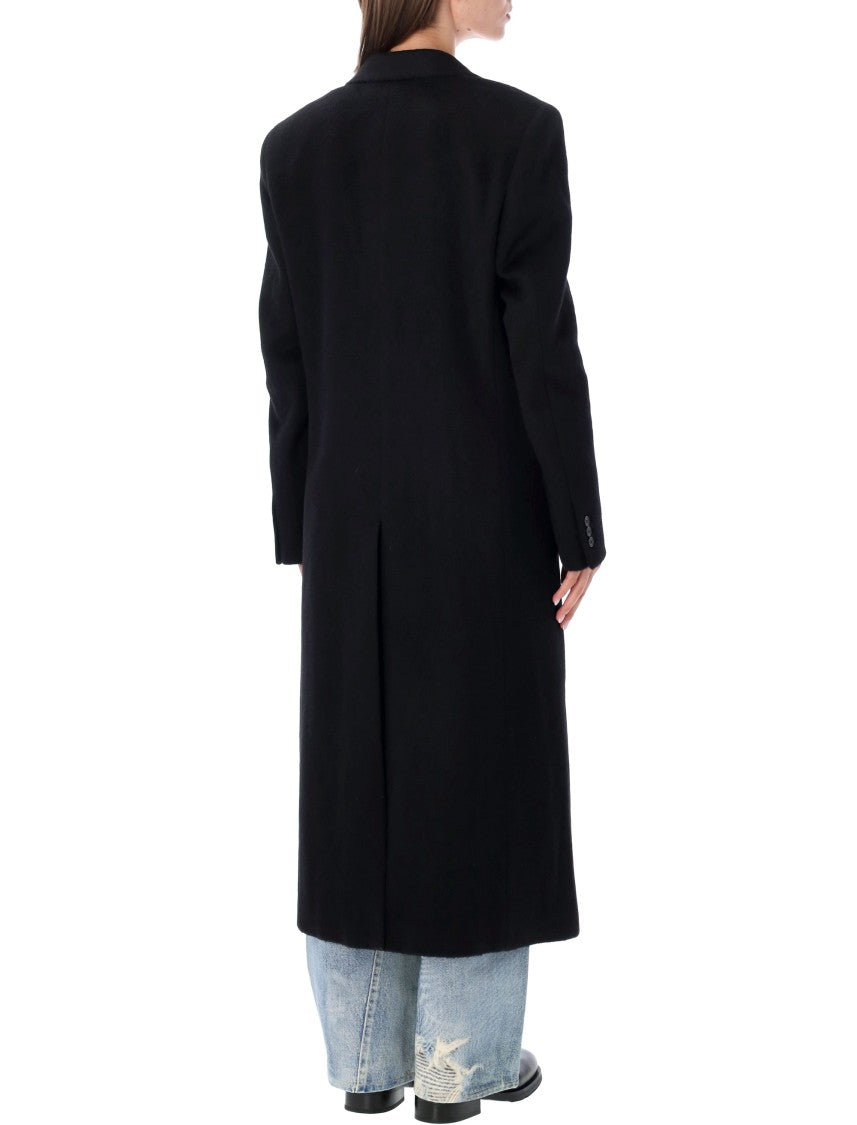 Our Legacy Tailored Long Black Coat With Notched Lapel And Flap Pockets