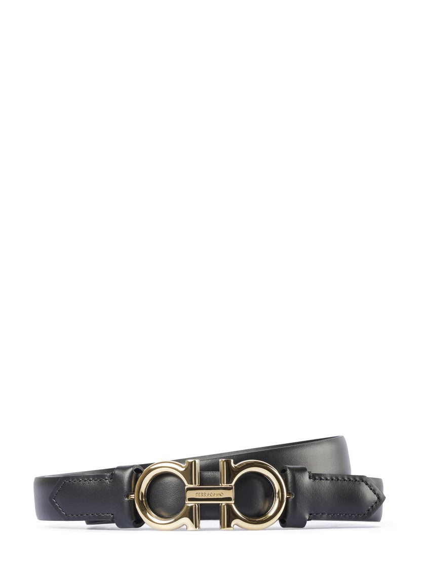 Ferragamo Narrow Leather Belt With Double Gancini Buckle