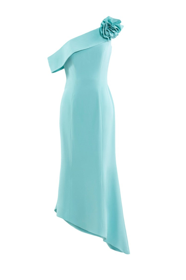 Saiid Kobeisy Asymmetrical Antigua Sand Midi Dress With Detachable Floral Embellishment