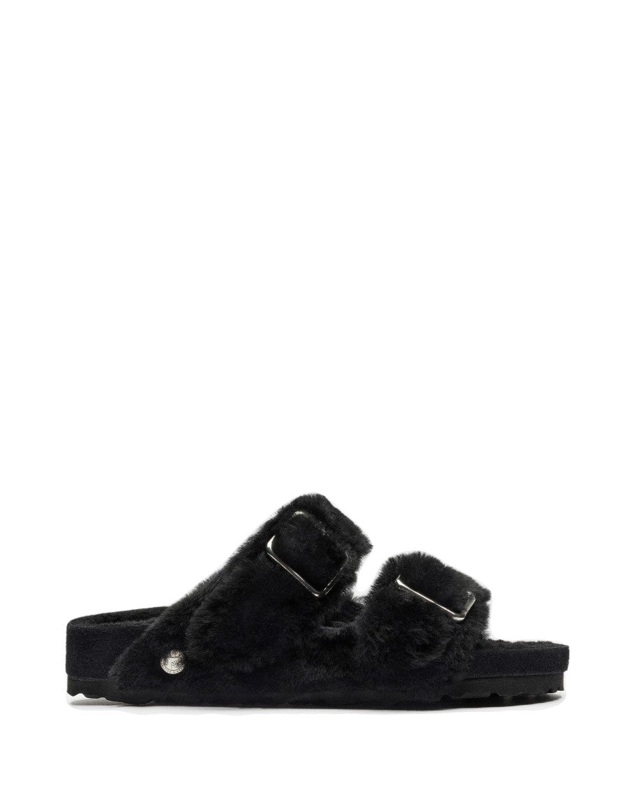 Birkenstock Black Shearling Sandals With Oversized Buckles