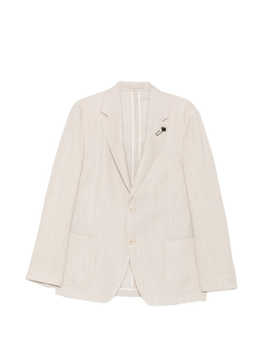Lardini Beige Notched Lapel Jacket With Elegant Flower-Pin Detail