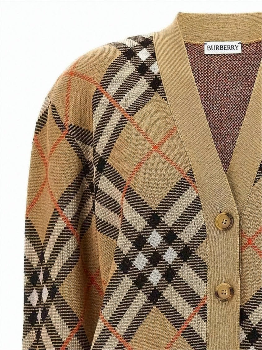 Burberry Beige Check Pattern Cardigan With V-Neckline
