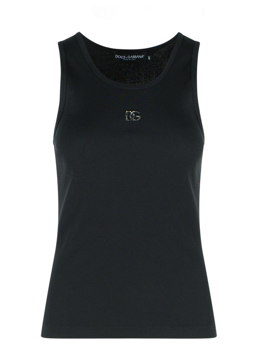 Dolce & Gabbana Tank Top In Textile Glass And Black Polyetsere