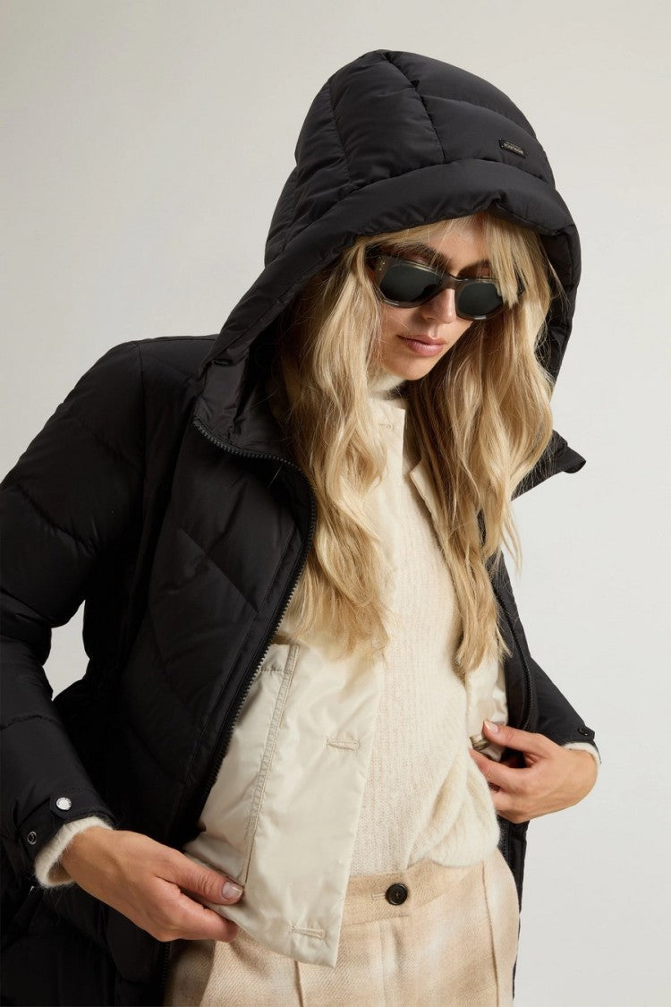 Woolrich Black Quilted Drawstring Hooded Polyester Down Coat