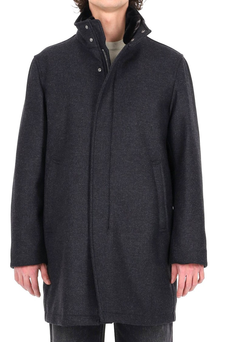 Herno Dark Grey Wool Coat With Eco-Fur Lined Collar