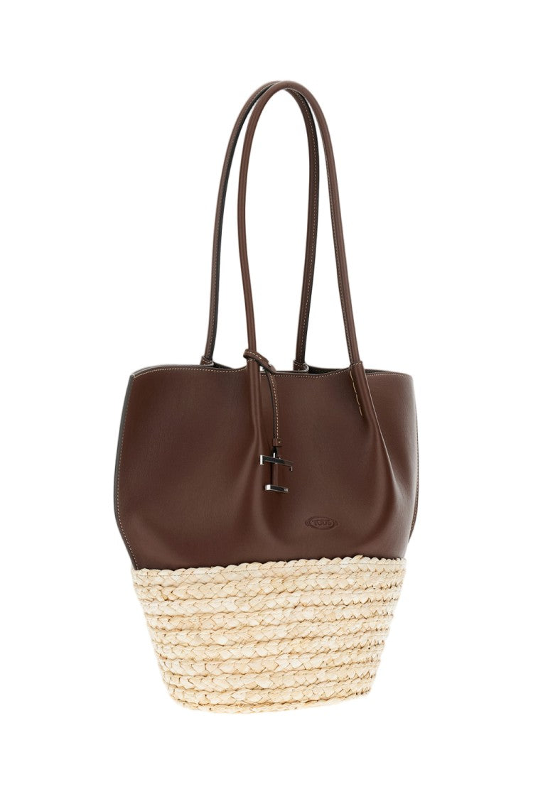 Tod's Medium Leather And Straw Shopping Bag With Removable Metal Charm