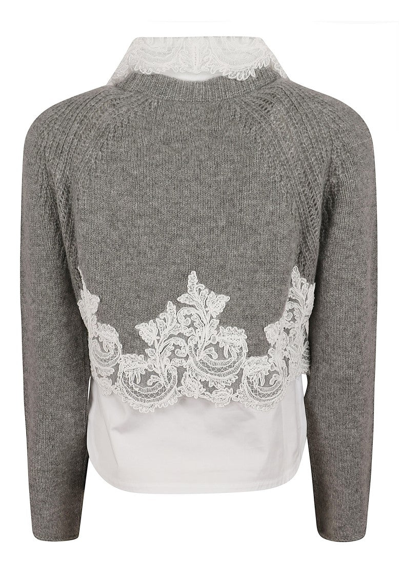 Ermanno Scervino Grey Cashmere Knit Sweater With Lace Trim