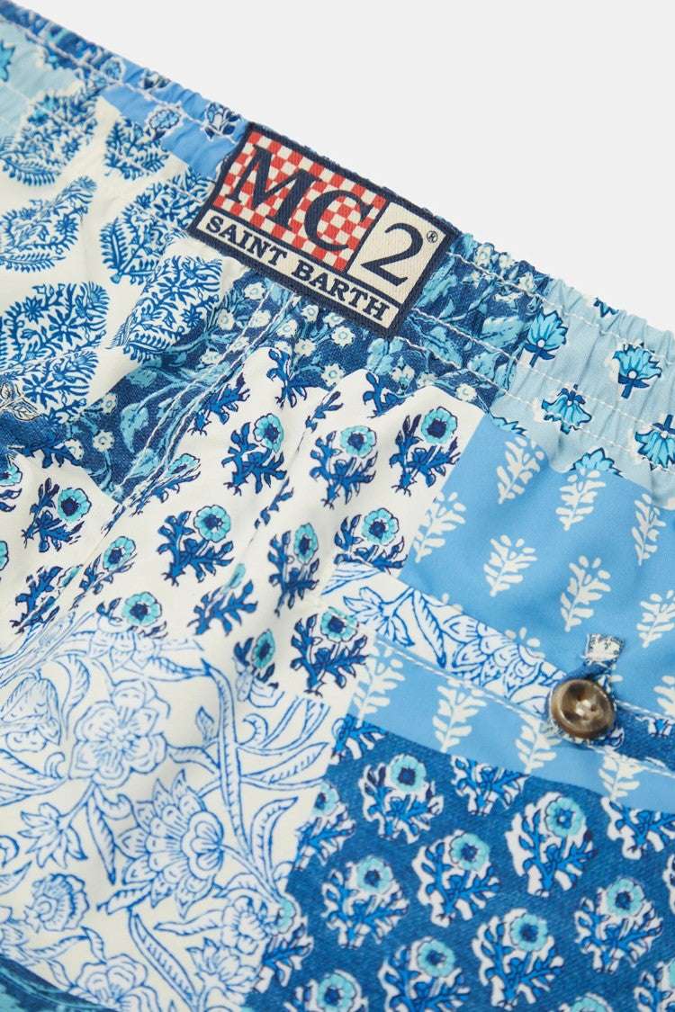 Mc2 Saint Barth Blue Patchwork Rope Drawstring Swim Shorts