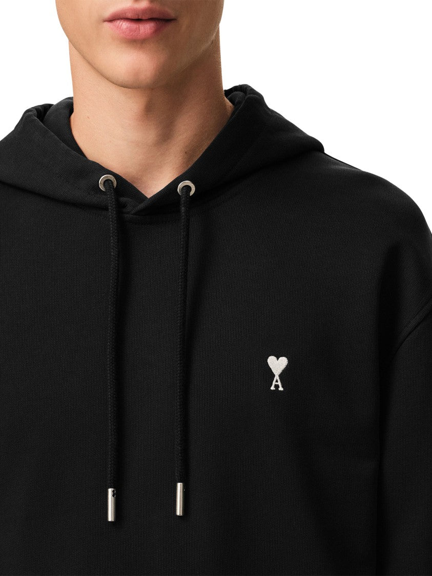 Ami Paris Cropped Black Hoodie With Ami De Coeur Embroidery