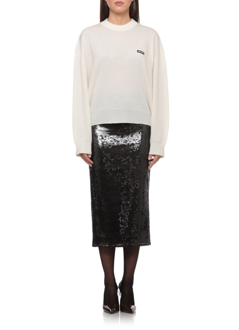 Rotate White Round-Neck Ribbed Wool Sweater