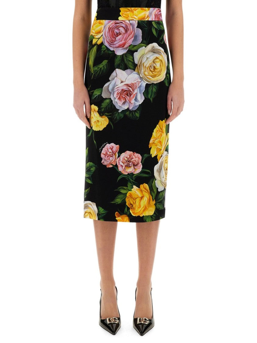 Dolce & Gabbana Peony And Rose Print Charmeuse Longuette Skirt